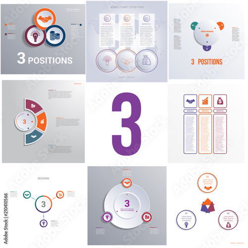 Set 8 universal templates elements Infographics conceptual cyclic processes for three positions possible to use for workflow, banner, diagram, web design, timeline, area chart,number options. 