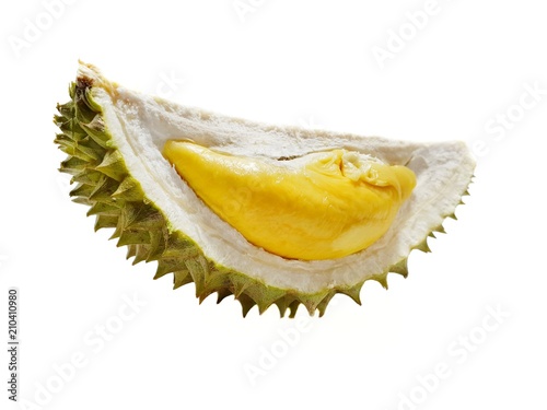 Top view of durian fruit isolated on white background, Tropical fruit, copy space (Malvaceae, Durio, Bombacaceae, Phuang Mani)