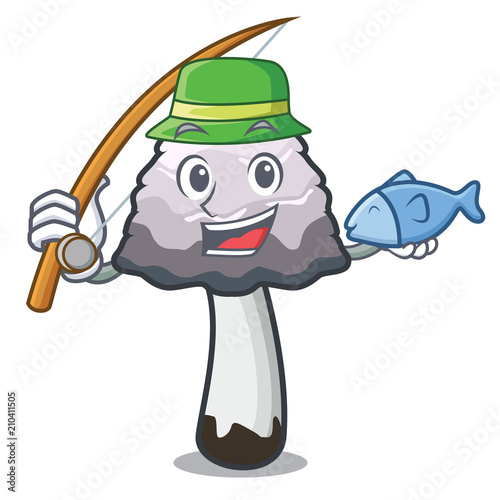 Fishing shaggy mane mushroom mascot cartoon