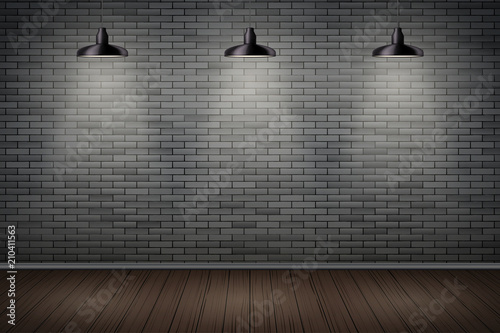 Interior of prison with black brick wall and vintage pedant lamps. Vintage jail and prison cell. Concept design for quest rooms and games. Editable Vector Illustration.