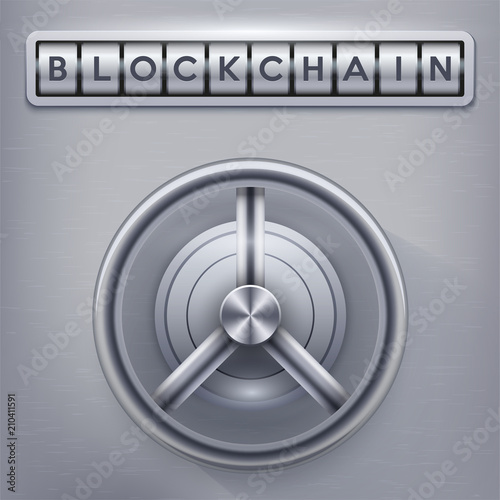 Safe with blockchain lock. Concept of high security blockchain and Cryptocurrency protection. Vector Illustration