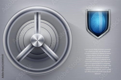 Safe with fingerprint lock and scanner. Concept of high security and quest room games. Cryptocurrency safety and protection. Vector Illustration