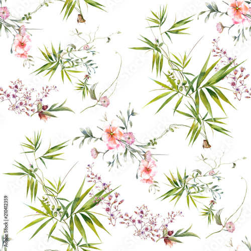 Watercolor painting of leaf and flowers  seamless pattern on white background