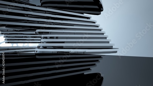 Abstract white and black interior multilevel public space with window. 3D illustration and rendering.