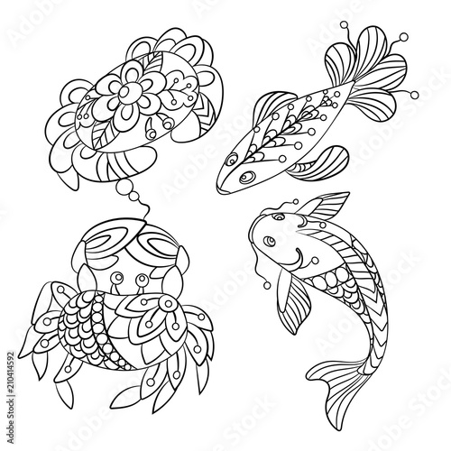 Set of sea animals in vector graphic illustration  in coloring pages