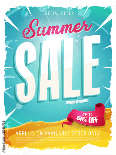 Summer Sale Template Banner/
Illustration of a wide blue summer sale template banner with colorul elements, typography and grunge frame photo