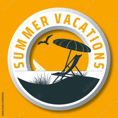 summer vacations vector logo with sunshade, deck chair, sailing boat, beach, seagull and the sea