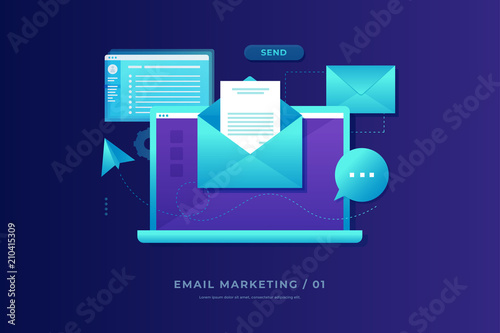 Email marketing concept. Laptop with envelope, open email and message on screen. Communication, information dissemination, sending email. Flat vector illustration.