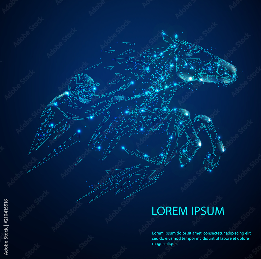 Horse racing. Science concept background. Abstract image of a starry sky or space, consisting of points, lines, and shapes in the form of planets, stars and the universe. Low poly vector