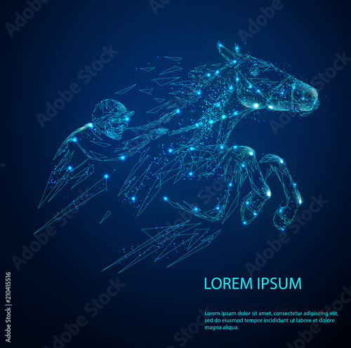 Horse racing. Science concept background. Abstract image of a starry sky or space, consisting of points, lines, and shapes in the form of planets, stars and the universe. Low poly vector
