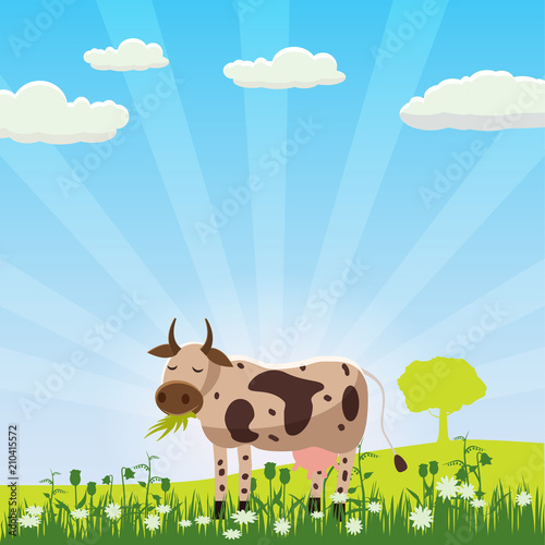A cow grazes in a meadow eating grass in a landscape, Cartoon style, vector illustration