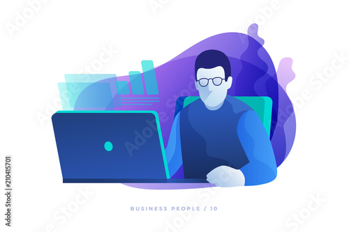 Concept of work in office. Businessman in glasses analyzes data of work on open laptop. Modern vector illustration flat style.