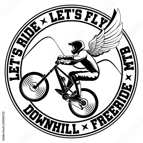 Mountain bike emblem. Rider with wings vector illustration.