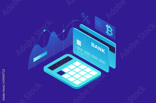Growth and calculation of income. Payment by crypto currency. An isometric image of calculator, bank card and sign bitcoin on blue background. Vector illustration for web page, banner, presentation.