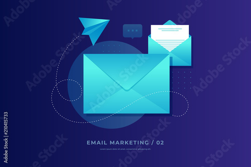 Mobile e-mail notification concept. Close and open post envelopes and paper airplane on blue background. Email marketing. Flat vector illustration.