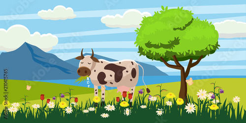 A cow grazes in a meadow eating grass in a landscape  Cartoon style  vector illustration