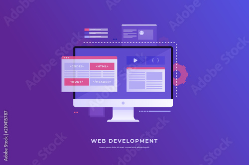 Web Development concept, programming and coding. Elements of the interface and browser windows on the monitor screen. Digital industry. Innovations and technologies. Vector illustration.