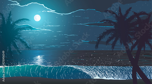 Palm trees on ocean shore at night