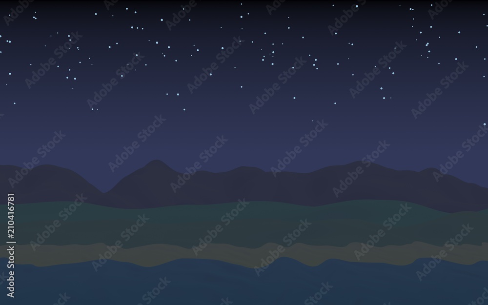 Fototapeta premium Starry moonless sky. Ocean shore line with waves on a beach. Island beach paradise with waves. Vacation, summer, relaxation. Seascape, seashore. Minimalist landscape, primitivism. 3D illustration