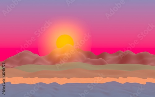 Sun Sea Beach. Sunset. Ocean shore line with waves on a beach. Island beach paradise with waves. Vacation  summer  relaxation. Seascape  seashore. Minimalist landscape  primitivism. 3D illustration
