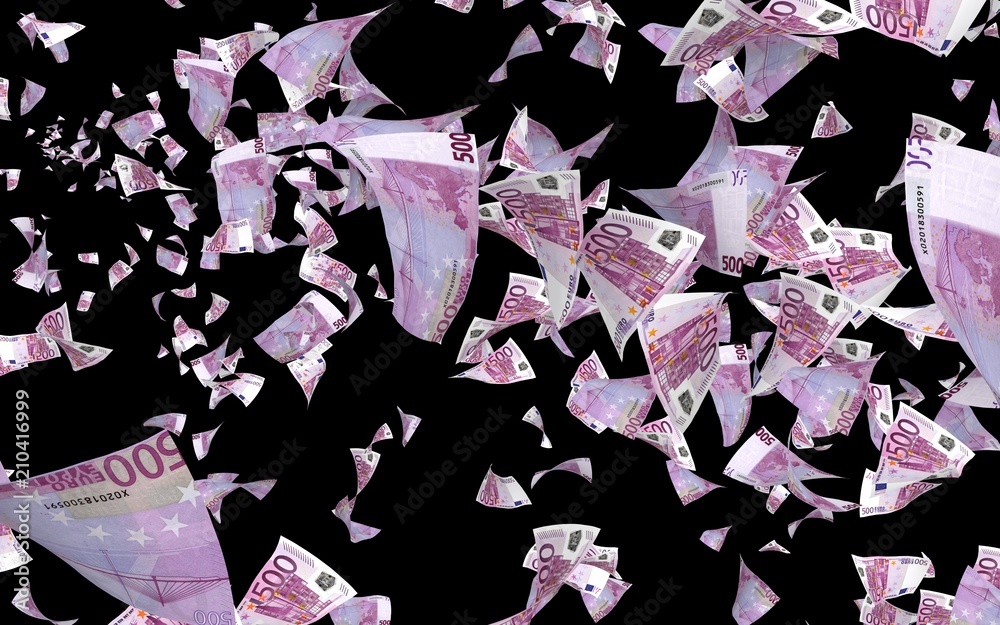 Flying euro banknotes isolated on a dark background. Money is flying in the air. 500 EURO in color. 3D illustration