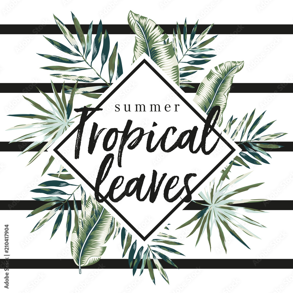 Obraz premium Tropical palm leaves diamond frame on the striped background. Print for tee shirt design template. Greenery foliage vector illustration. Summer beach floral design. Paradise nature.