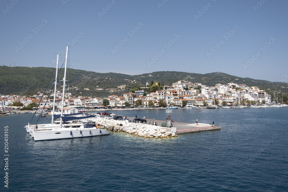 The port of Skiathos with the city in the background, Sporades, Greece.