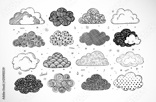 Set of doodle sketch clouds on white background