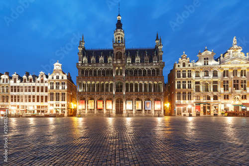 Majestic Grand Place Square with King's House or Breadhouse during morning blue hour in Belgium, Brussels
