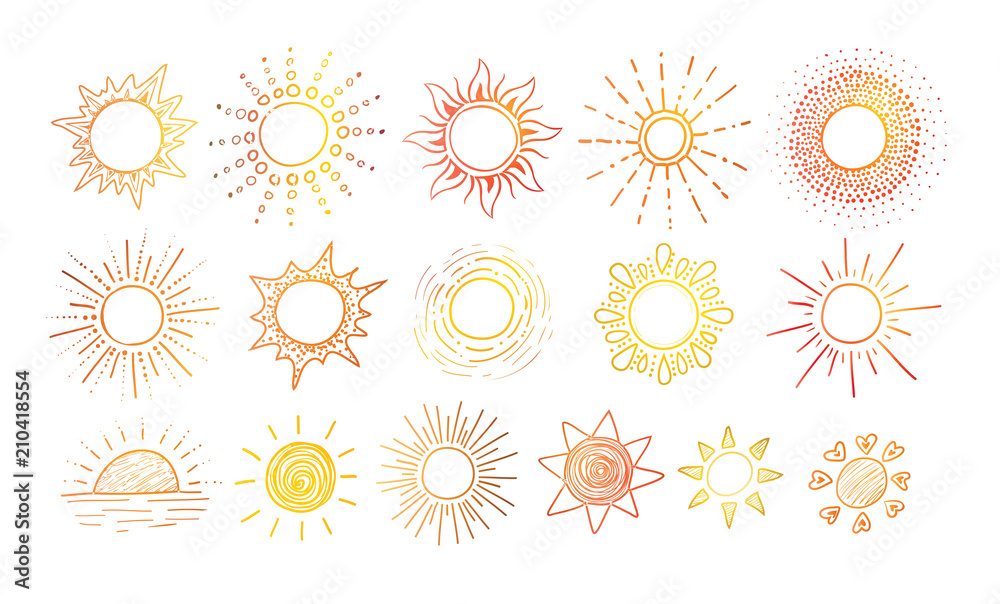 Colored Doodle sketches of sun on white background - obrazy, fototapety, plakaty 