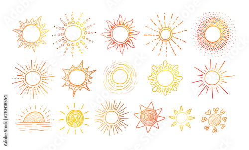 Colored Doodle sketches of sun on white background
