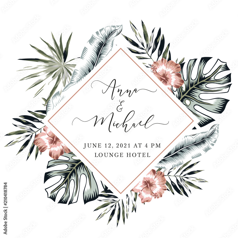 Tropical palm leaves and hibiscus flower diamond frame background. Wedding  invitation design template. Vector illustration. Summer beach floral design  for the card, poster, tee-shirt. Paradise nature. Stock Vector | Adobe Stock