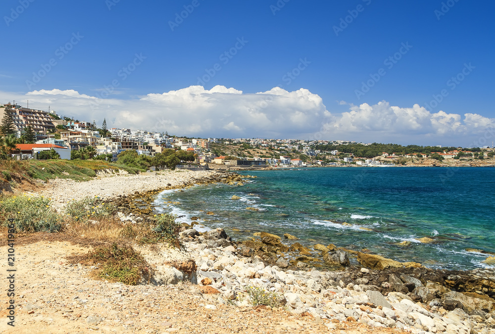Windsurf on sea on background rocky shore. Crete Greece Europe.