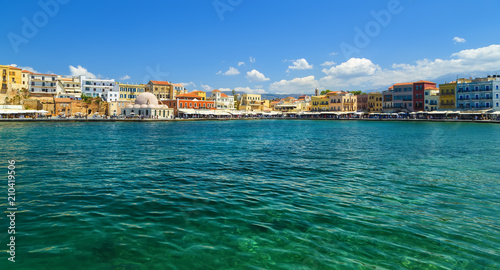 View of the embankment of the city of Chania (Greece, island Crete) on a sunny day