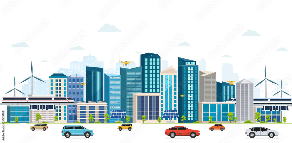 Obraz premium Urban landscape with large modern buildings, skyscrapers, skyway.