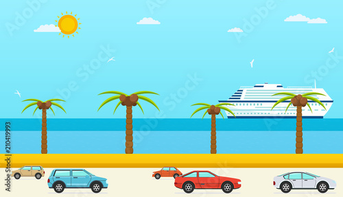 Sea view in summer, highway with cars. Sea with beach and palm trees, ship.