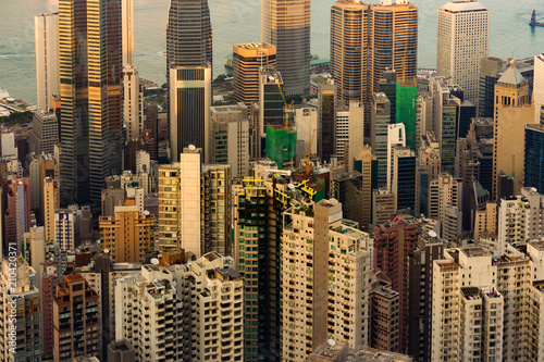 Hong Kong city business downtown office building close up aerial view  cityscape background