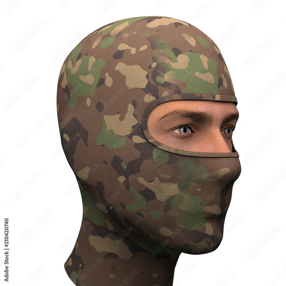 Camo Balaclava mask. Equipment for army and special forces winter sport. woodland color. Perspective view. 3D render illustration Isolated on white background. | Adobe Stock