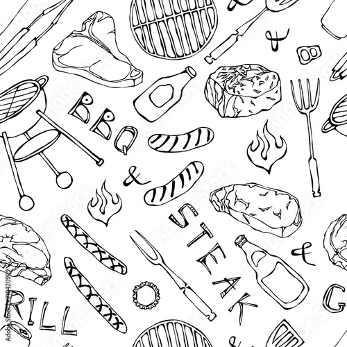 Seamless Pattern of Summer BBQ Grill Party. Beer Can, Bottle and Mug, Steak, Sausage, Barbeque Grid, Tongs, Fork, Fire, Ketchup. Hand Drawn Vector Illustration. Doodle Style.