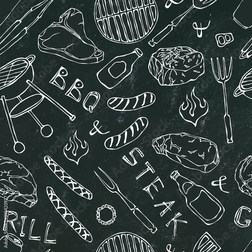 Seamless Pattern of Summer BBQ Grill Party. Steak, Sausage, Barbeque Grid, Tongs, Fork, Fire, Ketchup. Black Board Background and Chalk. Hand Drawn Vector Illustration. Doodle Style.