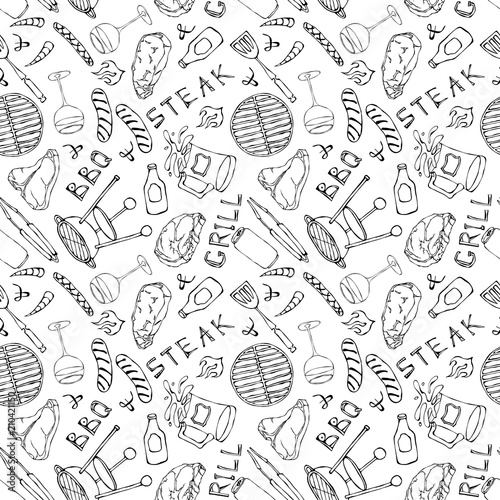 Seamless Pattern of Summer BBQ Grill Party. Steak, Sausage, Barbeque Grid, Tongs, Fork, Fire, Ketchup. Hand Drawn Vector Illustration. Doodle Style.