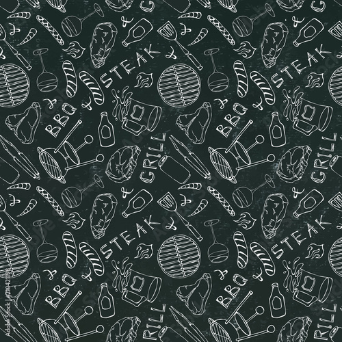 Seamless Pattern of Summer BBQ Grill Party. Steak, Sausage, Barbeque Grid, Tongs, Fork, Fire, Ketchup. Black Board Background and Chalk. Hand Drawn Vector Illustration. Doodle Style.
