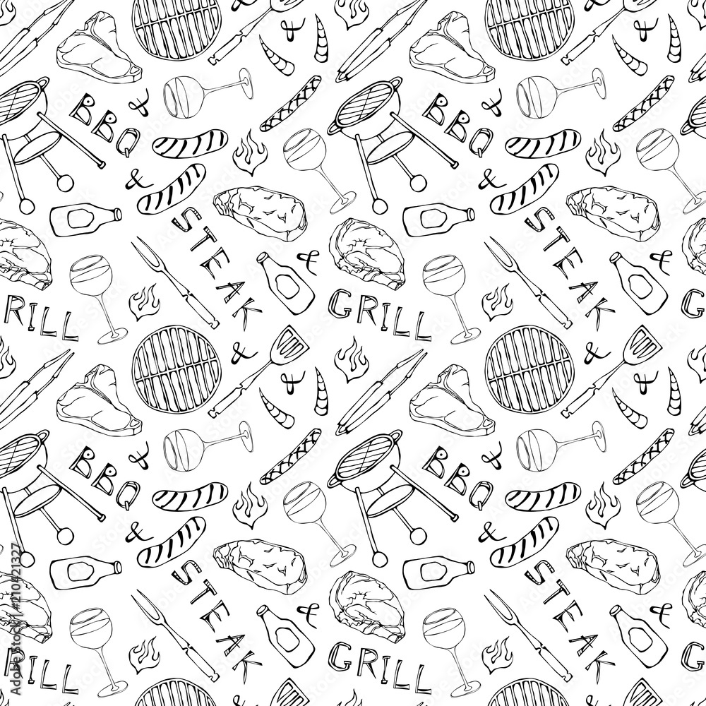 Seamless Pattern of Summer BBQ Grill Party. Glass of Red, Rose and White Wine, Steak, Sausage, Barbeque Grid, Tongs, Fork, Fire, Ketchup. Hand Drawn Vector Illustration. Doodle Style.