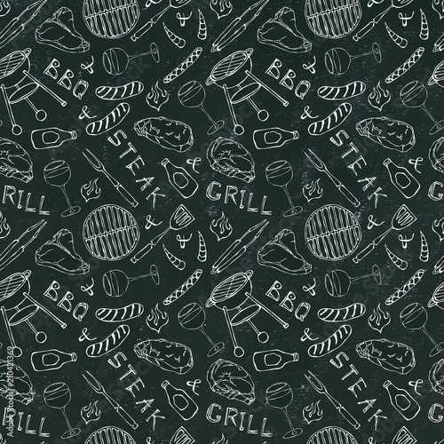 Seamless Pattern of Summer BBQ Grill Party. Glass of Red, Rose and White Wine, Steak, Sausage, Barbeque Grid. Black Board Background and Chalk. Hand Drawn Vector Illustration. Doodle Style.