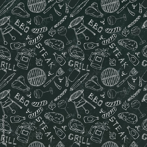 Seamless Pattern of Summer BBQ Grill Party. Glass of Red, White Wine, Steak, Sausage, Barbeque Grid, Tongs, Fork. Black Board Background and Chalk. Hand Drawn Vector Illustration.Doodle Style.