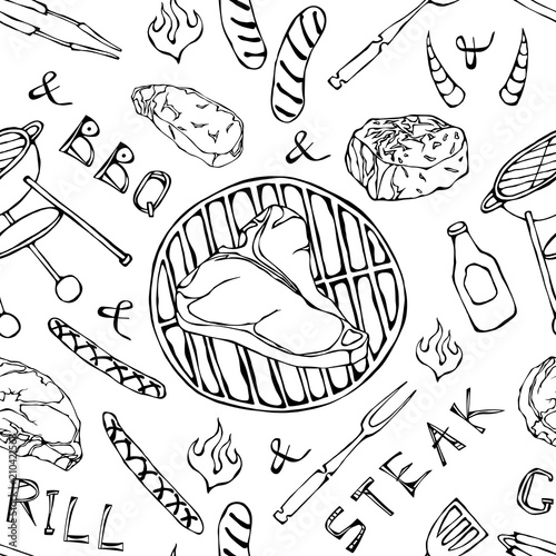 Seamless Pattern of Summer BBQ Grill Party. Big T-Bone Steak, Sausage, Barbeque Grid, Tongs, Fork, Fire, Ketchup. Hand Drawn Vector Illustration. Doodle Style.
