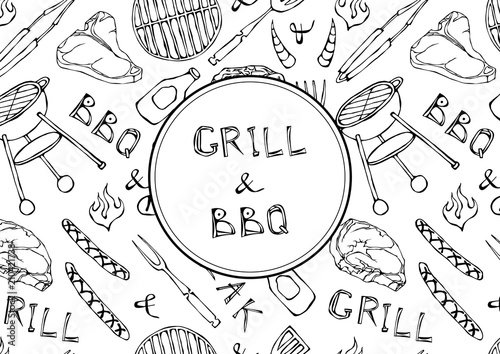 Grill and BBQ Lettering. Seamless Pattern of Summer BBQ Grill Party. Steak, Sausage, Barbeque Grid, Tongs, Fork, Fire, Ketchup. Hand Drawn Vector Illustration. Doodle Style.