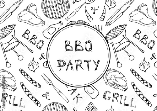 Seamless Pattern of Summer BBQ Grill Party. Steak, Sausage, Barbeque Grid, Tongs, Fork, Fire, Ketchup. Hand Drawn Vector Illustration. Doodle Style.