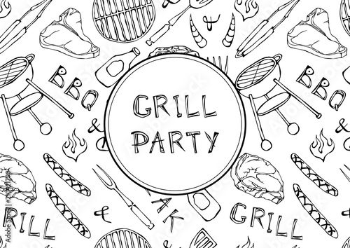 Seamless Pattern of Summer BBQ Grill Party. Steak, Sausage, Barbeque Grid, Tongs, Fork, Fire, Ketchup. Hand Drawn Vector Illustration. Doodle Style.