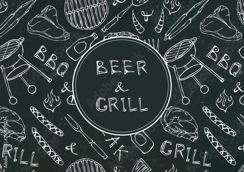 Seamless Pattern of Summer BBQ Grill Party. Beer, Steak, Sausage, Barbeque Grid, Tongs, Fork, Fire, Ketchup. Black Board Background and Chalk. Hand Drawn Vector Illustration. Doodle Style.